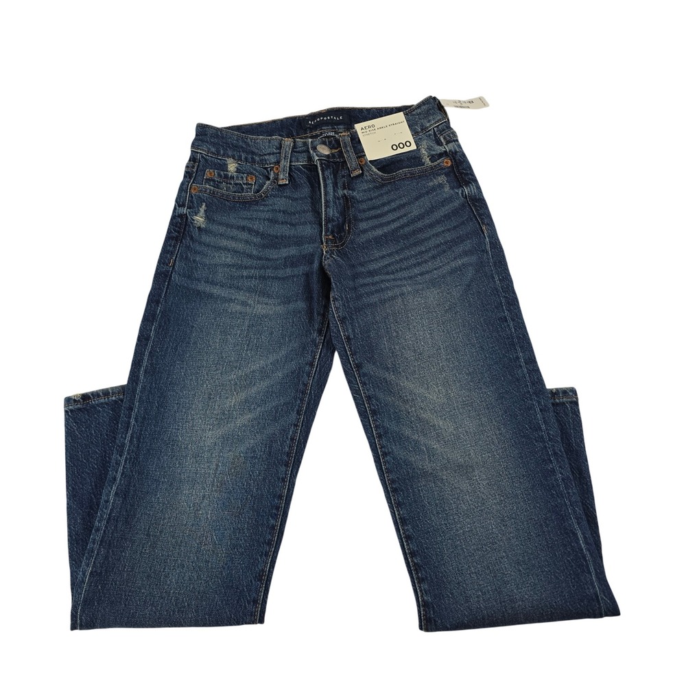 Aeropostale Womens Mid Rise Ankle Straight Jeans Dark Wash‎ Distressed Size 000